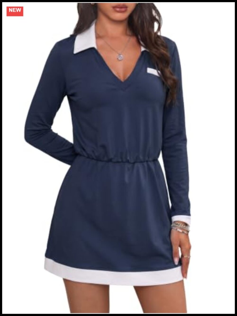 Women's Polo V Neck Long Sleeve Midi Sweatshirt Dress Cotton Blend Athletic